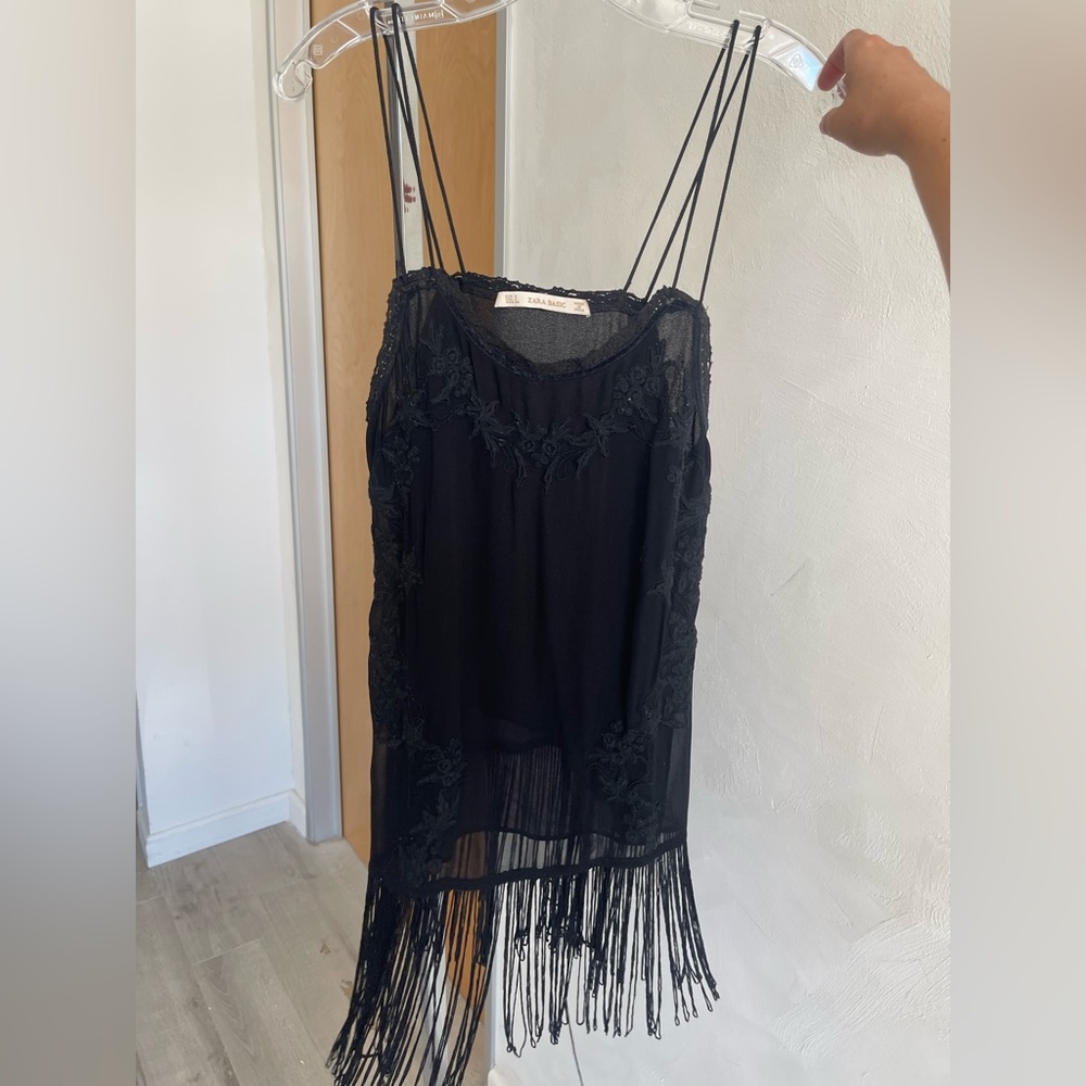 ZARA BLACK EMBROIDERED CHIFFON FRINGE TOP | Size S